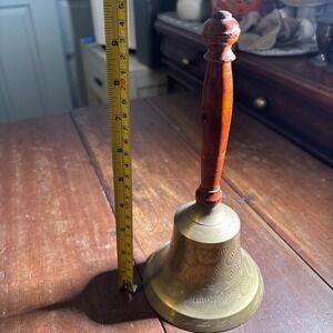 Vintage Brass Bell Embossed Leaf or Feather Design with Wooden Handle India 9"